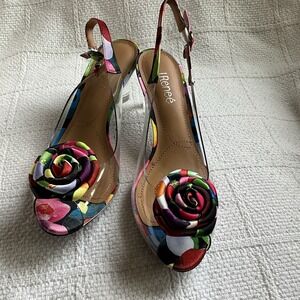 J. Renee Dailona Vinyl Modern Poppy‎ Floral Heels Quirky Chic Women Size 8M NEW